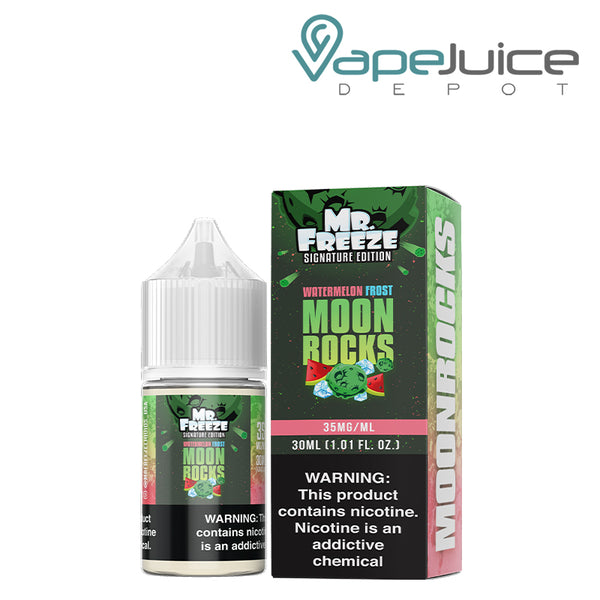 A 30ml bottle of Watermelon Frost Moonrocks Mr Freeze Salts and a box with a warning sign next to it - Vape Juice Depot