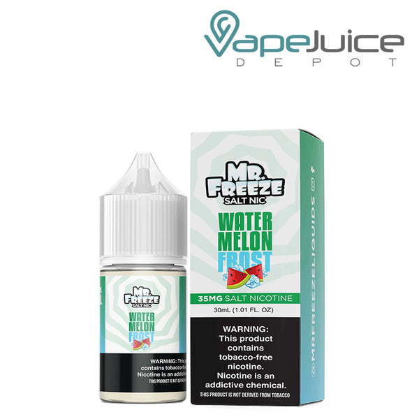 A 30ml bottle of Watermelon Frost Mr Freeze Salt Nic and a box with a warning sign next to it - Vape Juice Depot