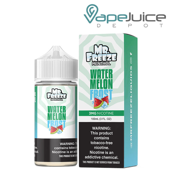 A 100ml bottle of Watermelon Frost Mr Freeze eLiquid and a box with a warning sign next to it - Vape Juice Depot