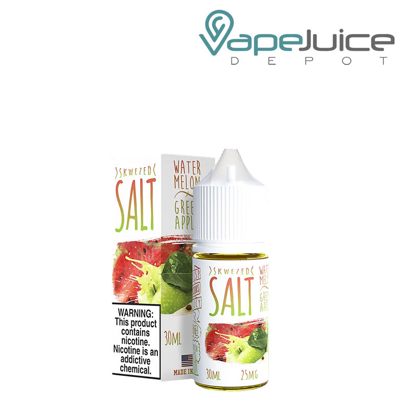 A box of Watermelon Green Apple Skwezed Salt with a warning sign and a 30ml bottle next to it - Vape Juice Depot