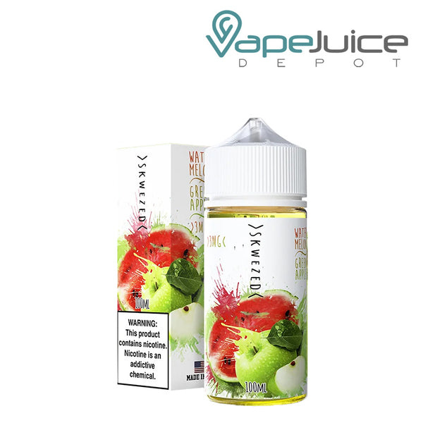 A box of Watermelon Green Apple Skwezed eLiquid with a warning sign and a 100ml bottle next to it - Vape Juice Depot