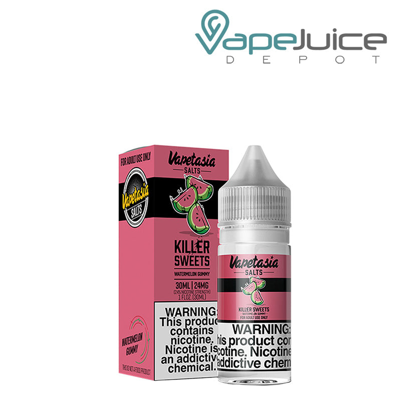 A box of Watermelon Gummy Vapetasia Salts with a warning sign and a 30ml bottle next to it - Vape Juice Depot