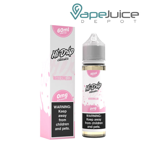 A box of Watermelon Hi-Drip Classics with a warning sign and a 60ml bottle next to it - Vape Juice Depot