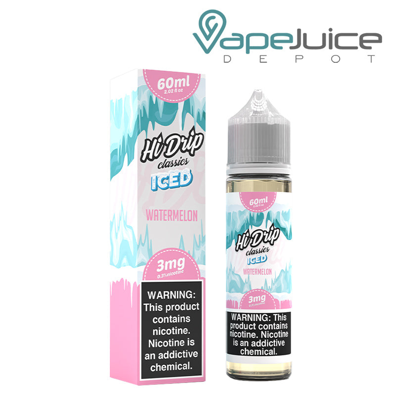 A box of Watermelon Iced Hi-Drip Classics with a warning sign and a 60ml bottle next to it - Vape Juice Depot