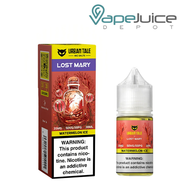 A Box of Watermelon Ice Urban Tale x Lost Mary Salt 35mg with a warning sign and a 30ml bottle next to it - Vape Juice Depot