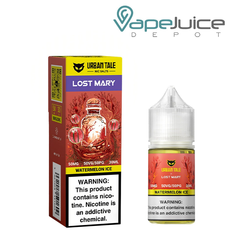 A Box of Watermelon Ice Urban Tale x Lost Mary Salt 50mg with a warning sign and a 30ml bottle next to it - Vape Juice Depot