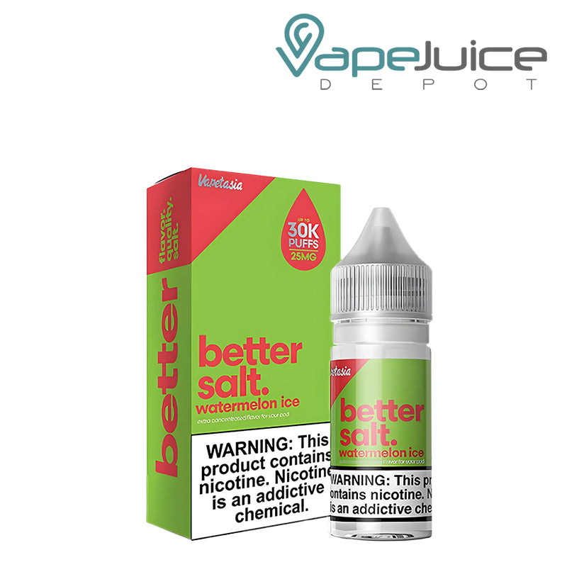 A box of Watermelon Ice Vapetasia Better Salt and a 30ml bottle with a warning sign next to it - Vape Juice Depot