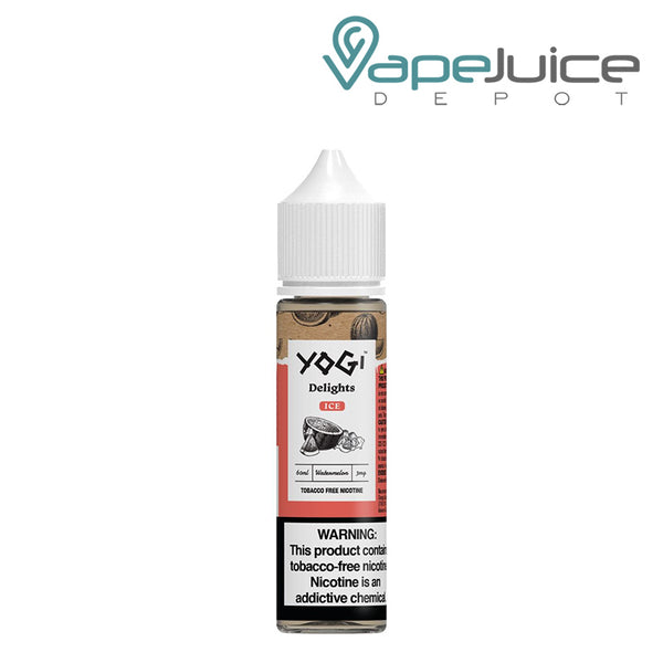 A bottle of Watermelon Ice YOGI Delights eLiquid 60ml with a warning sign - Vape Juice Depot