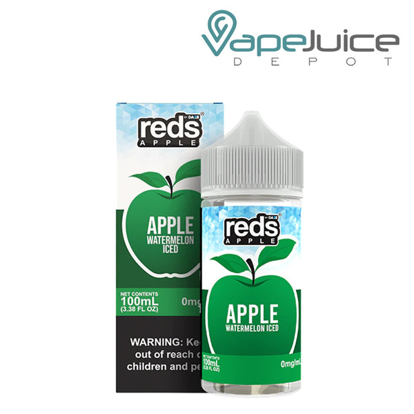 A box of Watermelon Iced 7Daze Reds Apple eJuice 100ml with a warning sign and a 100ml bottle next to it - Vape Juice Depot
