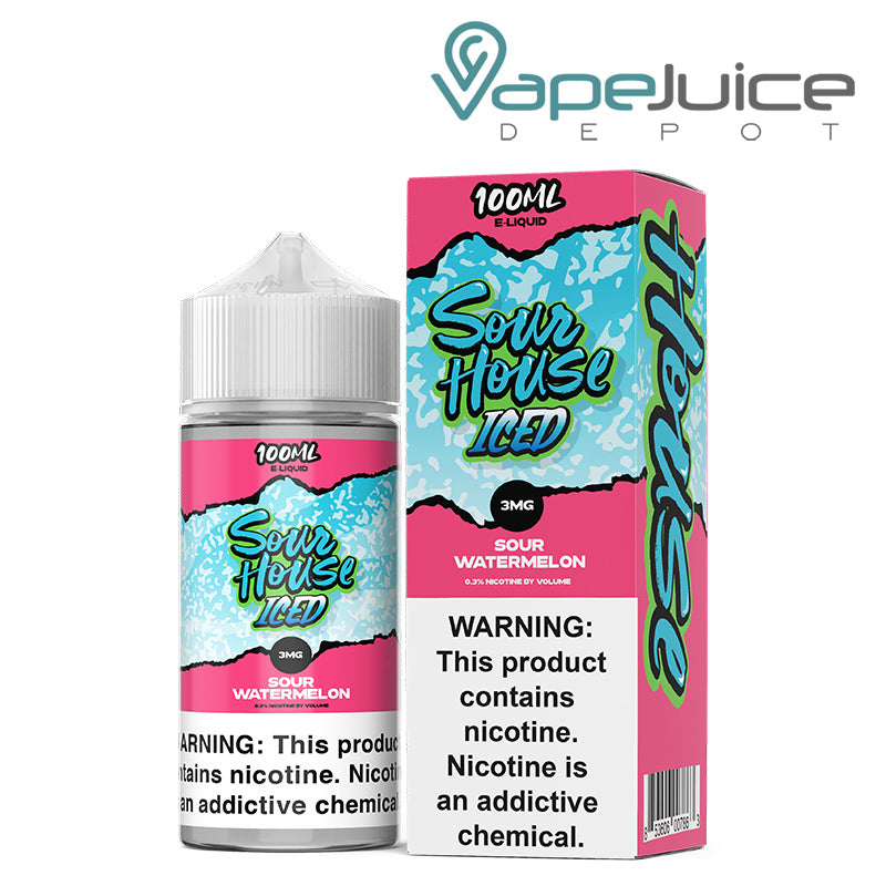A 100ml bottle of Watermelon Iced Sour House eLiquid with a warning sign and a box next to it - Vape Juice Depot