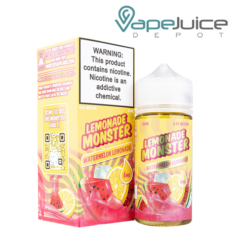 A box of Watermelon Lemonade Lemonade Monster with a warning sign and a 100ml bottle next to it - Vape Juice Depot