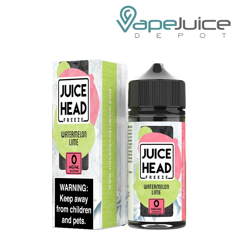 A box of 0mg Watermelon Lime Juice Head Freeze with a warning sign and a 100ml bottle next to it - Vape Juice Depot