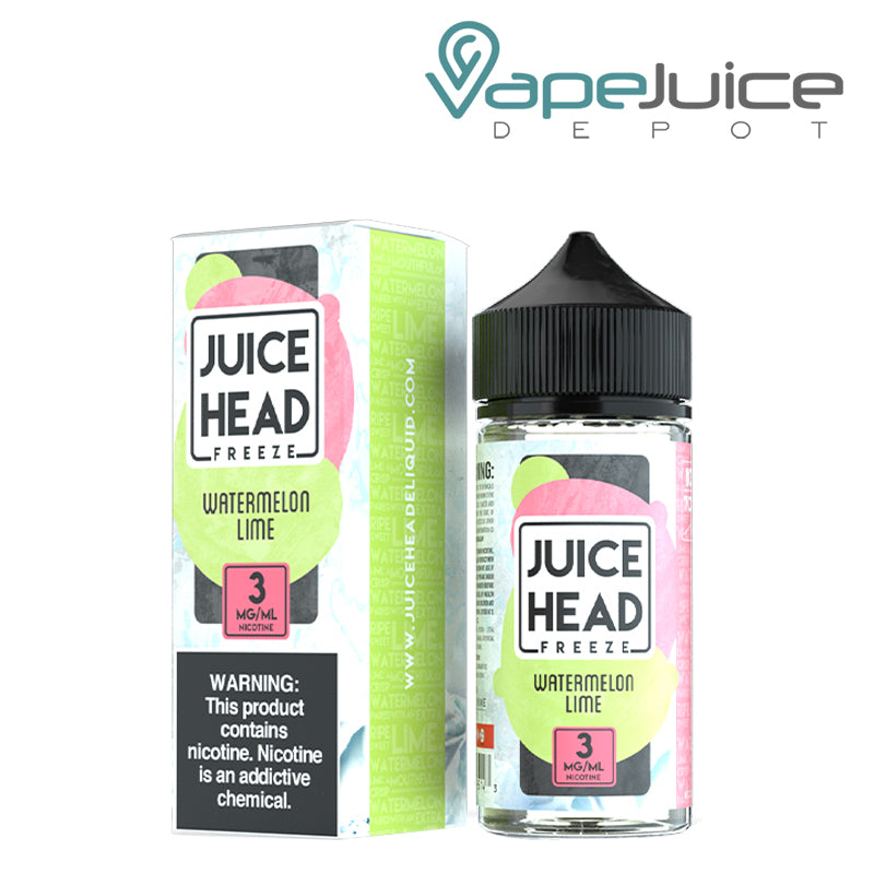 A box of 3mg Watermelon Lime Juice Head Freeze with a warning sign and a 100ml bottle next to it - Vape Juice Depot