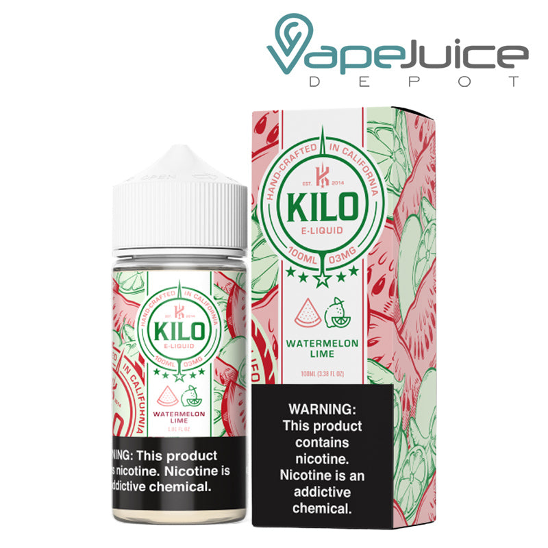 A 100ml bottle of Watermelon Lime Kilo eLiquid and a box with a warning sign next to it - Vape Juice Depot