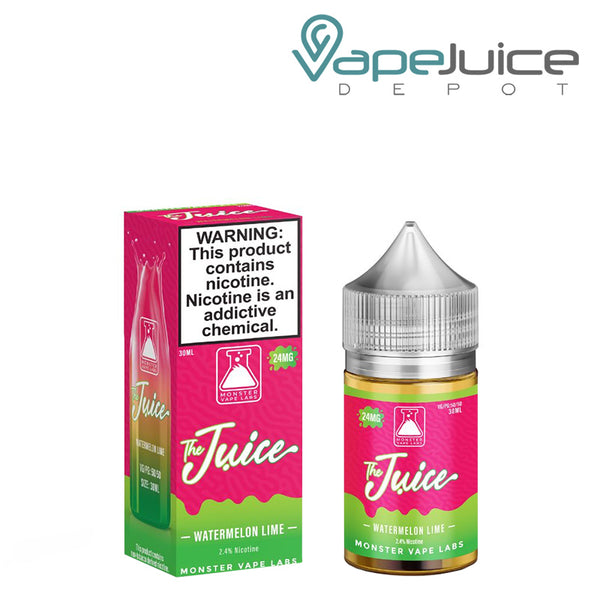  A box of Watermelon Lime The Juice Monster Salts with a warning sign and a 30ml bottle next to it - Vape Juice Depot