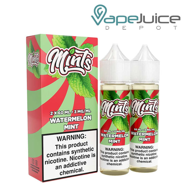 A Box of Watermelon Mint Mints eLiquid with a warning sign and two 60ml bottles next to it - Vape Juice Depot