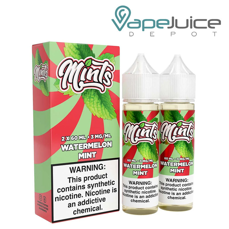 A Box of Watermelon Mint Mints eLiquid with a warning sign and two 60ml bottles next to it - Vape Juice Depot
