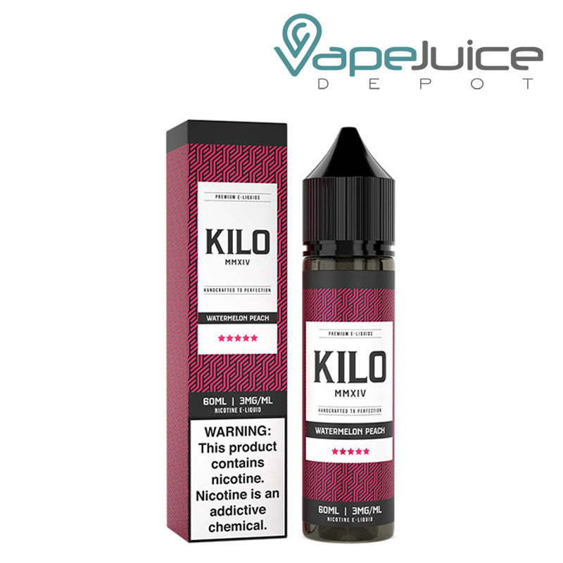 A box of Watermelon Peach Kilo eLiquid with a warning sign and a 60ml bottle next to it - Vape Juice Depot