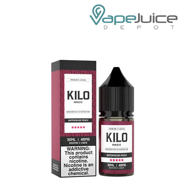 A box of Watermelon Peach Salts Kilo eLiquid with a warning sign and a 30ml bottle - Vape Juice Depot