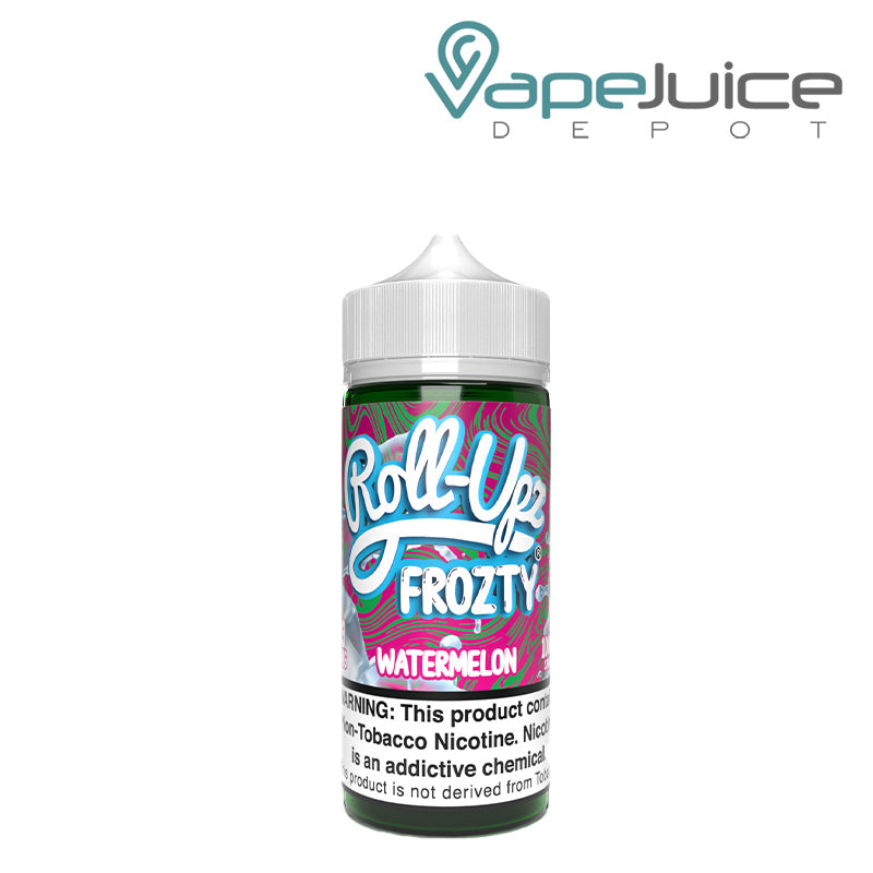 A 100ml bottle of Watermelon Punch Ice Juice Roll Upz with a warning sign - Vape Juice Depot