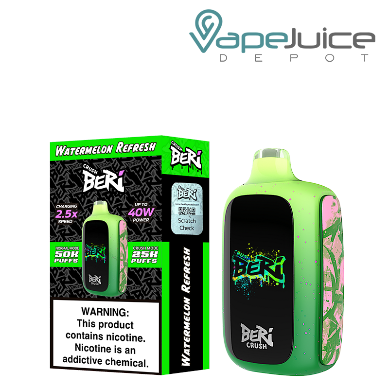 A Box of Watermelon Refresh Beri Crush 50K Disposable with a warning sign and a device with HD screen next to it - Vape Juice Depot