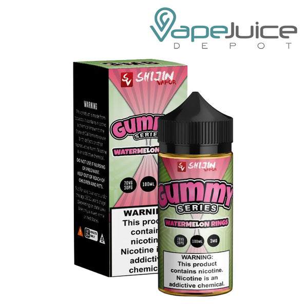 A box of Watermelon Rings Gummy Series Shijin Vapor with a warning sign and a 100ml bottle next to it - Vape Juice Depot