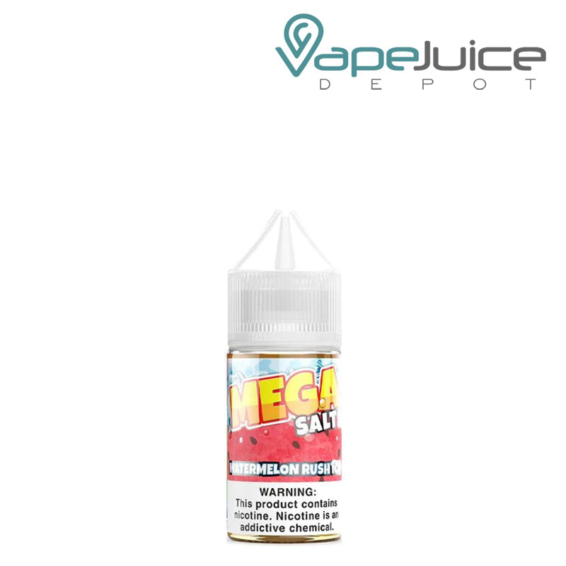 A 30ml bottle of Watermelon Rush Ice MEGA Salts eLiquid with a warning sign - Vape Juice Depot