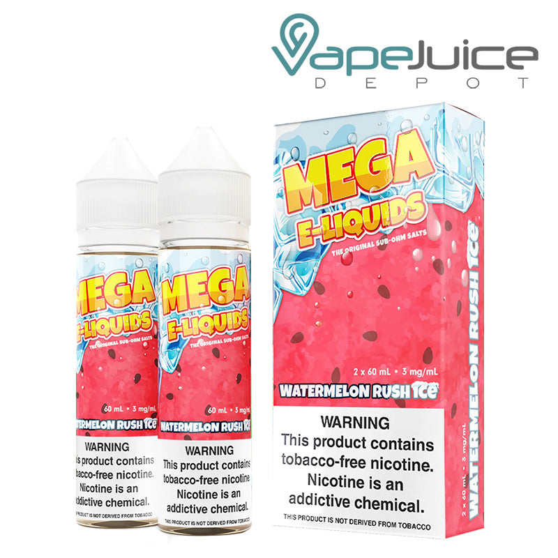 Two 60ml bottles of Watermelon Rush Ice MEGA e-Liquids with a warning sign and a box next to it - Vape Juice Depot