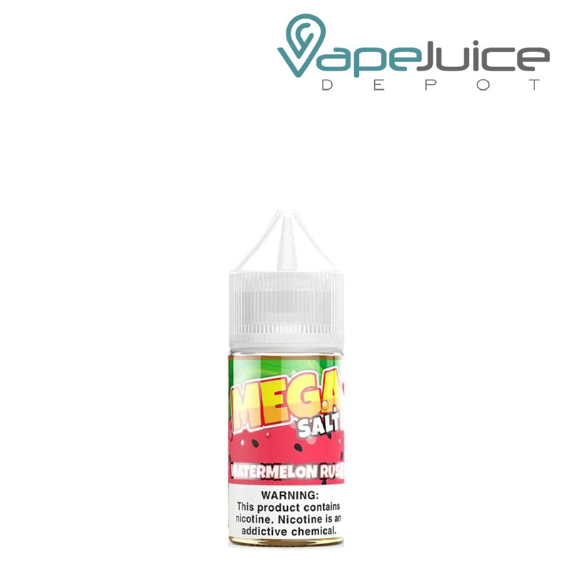 A 30ml bottle of Watermelon Rush MEGA Salts eLiquid with a warning sign - Vape Juice Depot