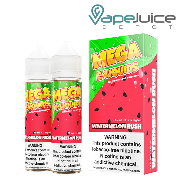 Two 60ml bottles of Watermelon Rush MEGA e-Liquids with a warning sign and a box next to it - Vape Juice Depot
