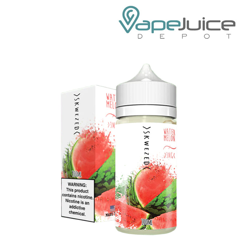 A box of Watermelon Skwezed eLiquid with a warning sign and a 100ml bottle next to it - Vape Juice Depot