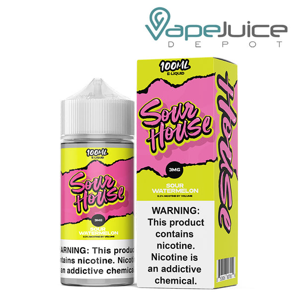 A 100ml bottle of Watermelon Sour House eLiquid with a warning sign and a box next to it - Vape Juice Depot