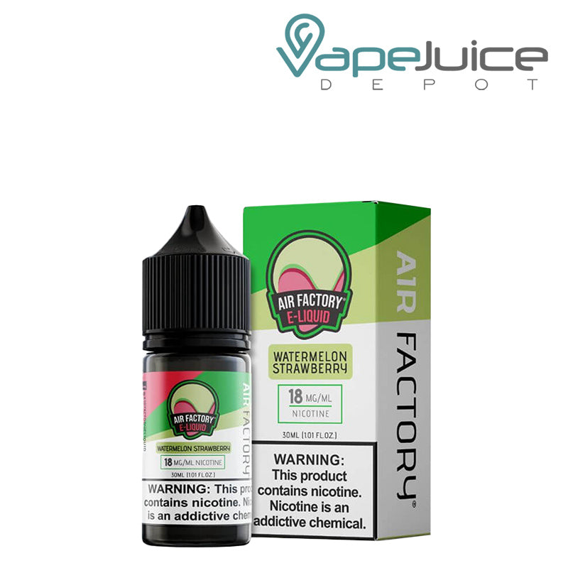 A 30ml bottle of Watermelon Strawberry Air Factory Salts and a box with a warning sign next to it - Vape Juice Depot
