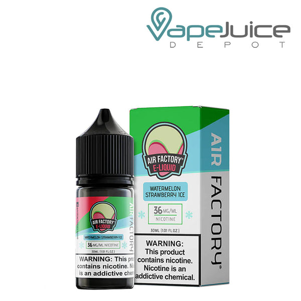 A 30ml bottle of Watermelon Strawberry Ice Air Factory Salts and a Box with a warning sign next to it - Vape Juice Depot