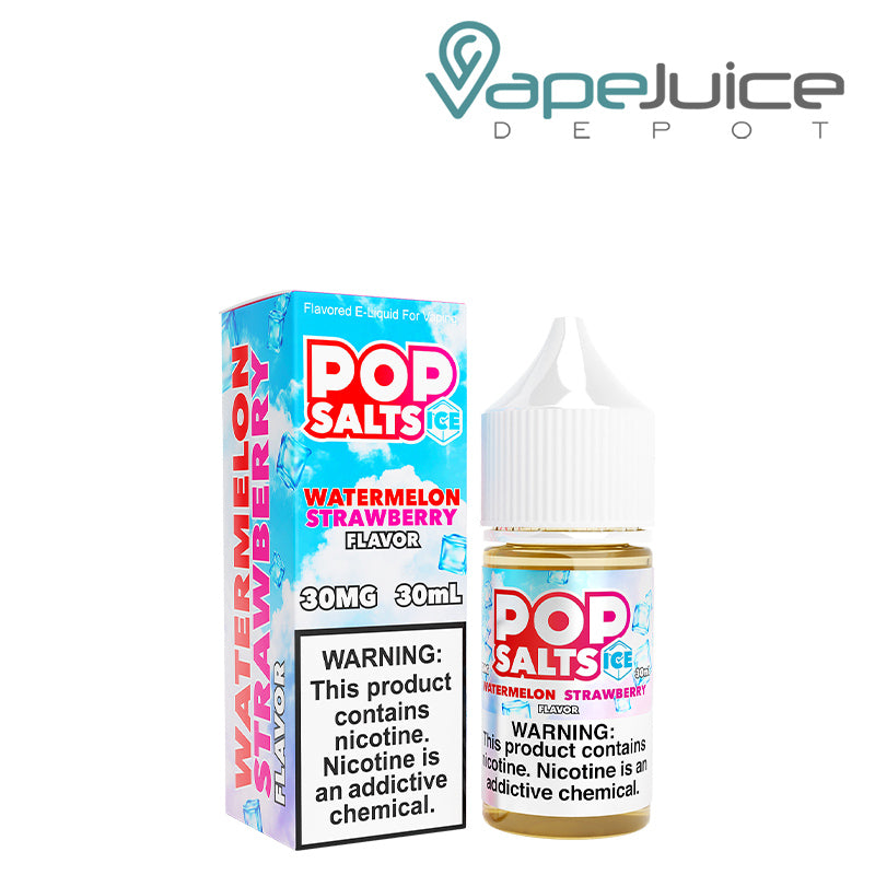 A box of Watermelon Strawberry Ice Pop Salts 30ml with a warning sign and bottle next to it - Vape Juice Depot