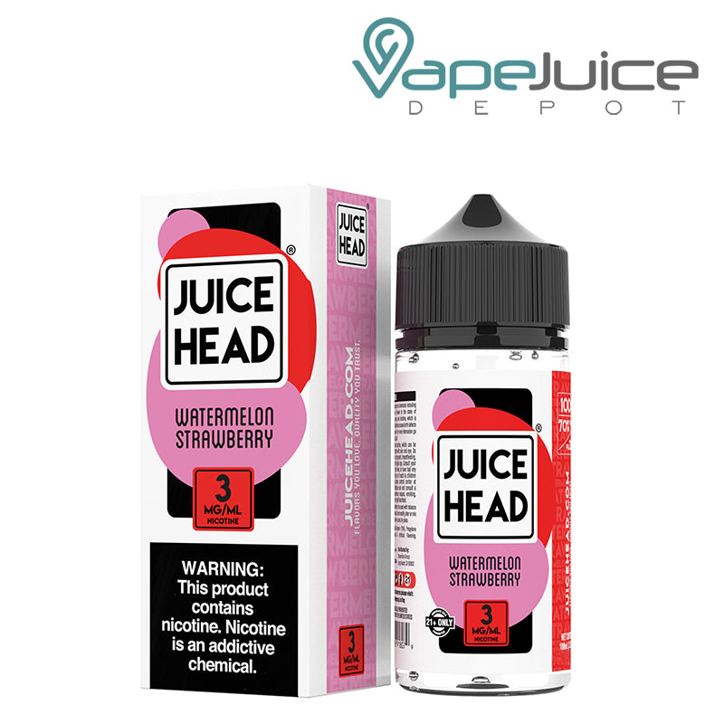 A Box of watermelon Strawberry Juice Head with a warning sign and a 100ml bottle next to it - Vape Juice Depot