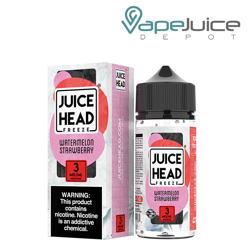 A Box of Watermelon Strawberry Juice Head Freeze with a warning sign and a 100ml bottle next to it - Vape Juice Depot