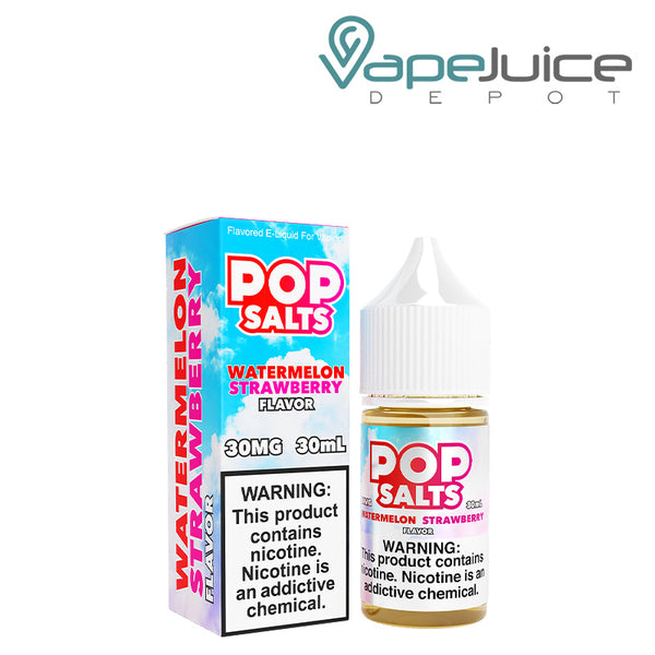 A box of Watermelon Strawberry Pop Salts 30ml with a warning sign and a bottle next to it - Vape Juice Depot