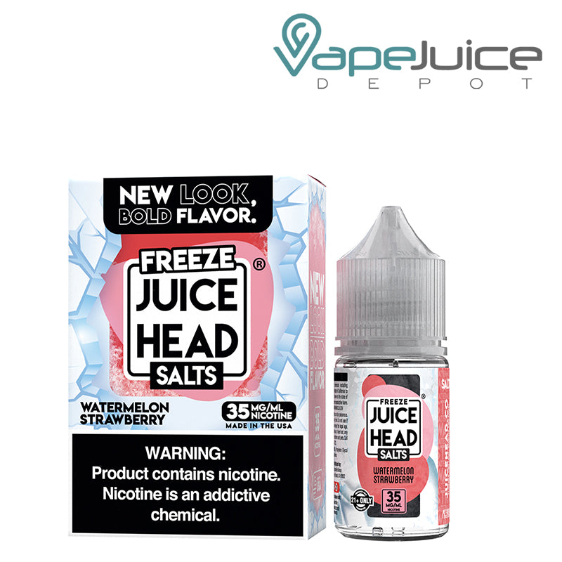 A Box of Watermelon Strawberry Salts Juice Head Freeze with a warning sign and a 30ml bottle next to it - Vape Juice Depot