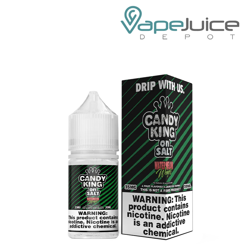 A 30ml bottle of Watermelon Wedges Candy King TFN Salt and a box with a warning sign next to it - Vape Juice Depot