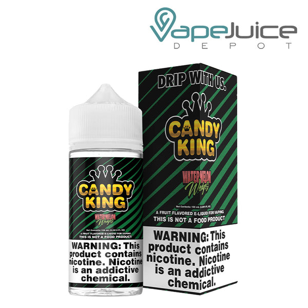 A 100ml bottle of Watermelon Wedges Candy King TFN eLiquid with a warning sign and a box next to it - Vape Juice Depot