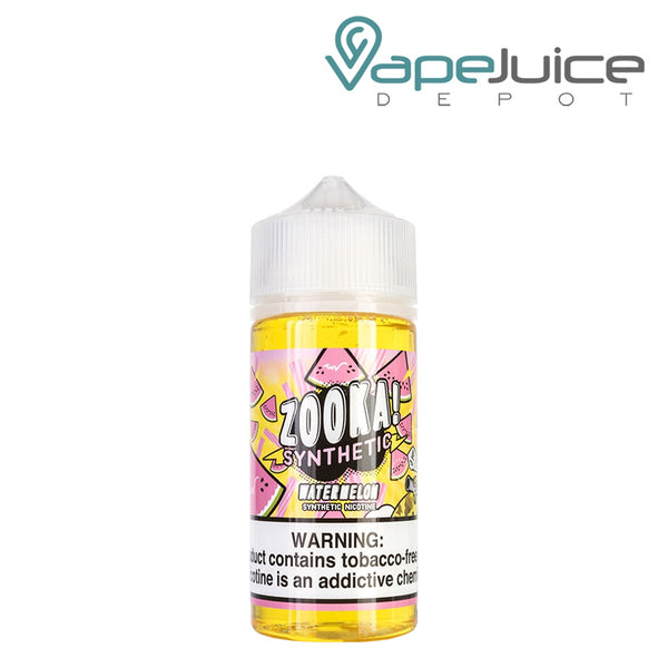 A 100ml bottle of Watermelon ZOOKA Synthetic eLiquid with a warning sign - Vape Juice Depot