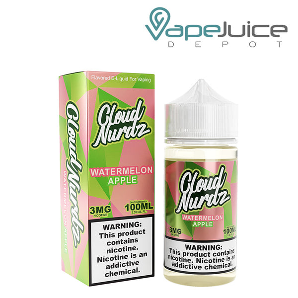A box of Watermelon Apple Cloud Nurdz eLiquid with a warning sign and a 100ml bottle next to it - Vape Juice Depot