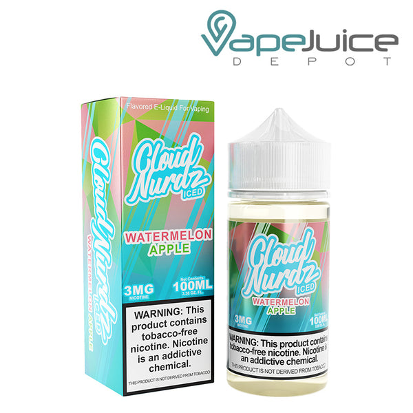 A box of ICED Watermelon Apple Cloud Nurdz and a 100ml bottle with a warning sign next to it - Vape Juice Depot