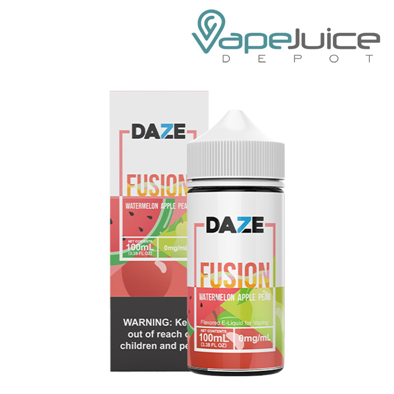 A box of Watermelon Apple Pear 7 Daze Fusion eLiquid with a warning sign and a 100ml bottle next to it - Vape Juice Depot