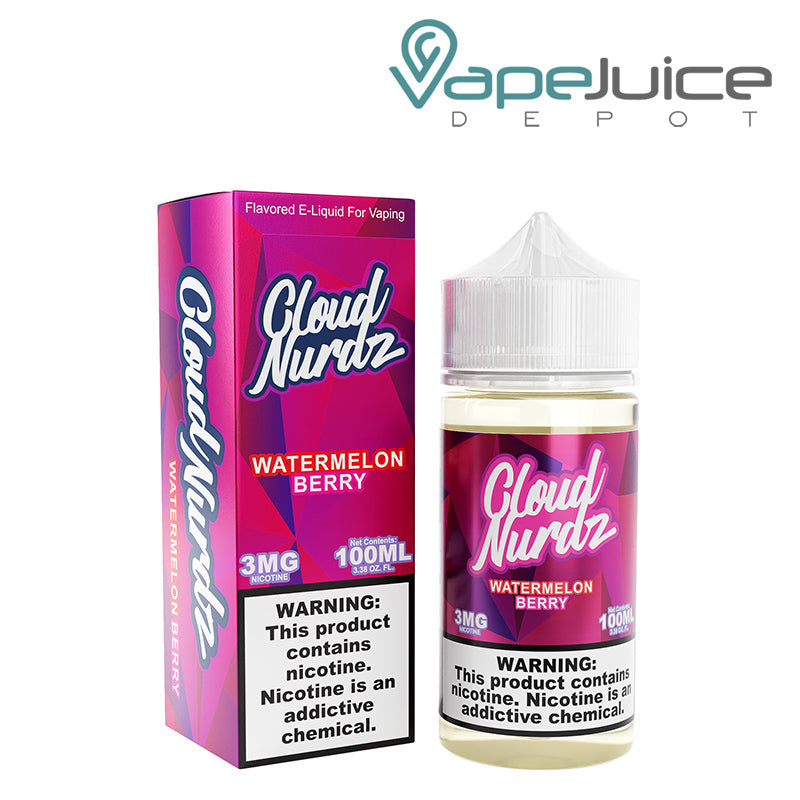 A box of Watermelon Berry TFN Cloud Nurdz and a 100ml bottle with a warning sign next to it - Vape Juice depot