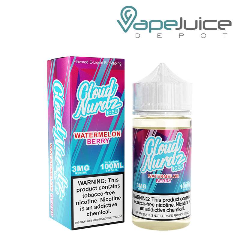 A box of ICED Watermelon Berry TFN Cloud Nurdz and a 100ml bottle with a warning sign next to it - Vape Juice Depot