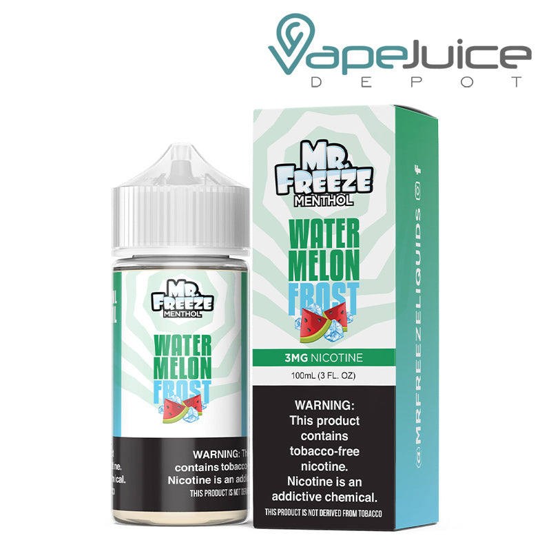 A 100ml bottle of Watermelon Frost Moonrocks Mr Freeze and a box with a warning sign next to it - Vape Juice Depot