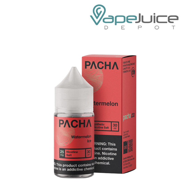 A 30ml bottle of Watermelon Ice PachaMama Salts with a warning sign and a box next to it - Vape Juice Depot