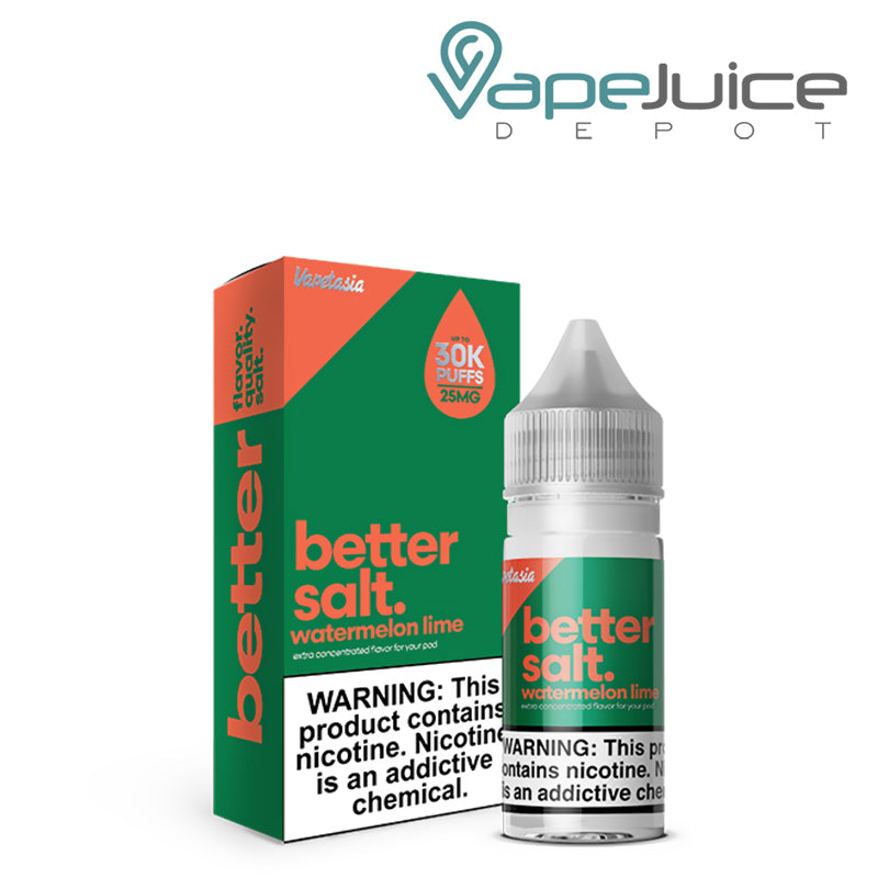 A box of Watermelon Lime Vapetasia Better Salt with a warning sign and a 30ml bottle next to it - Vape Juice Depot